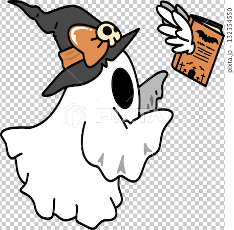 Retro Groovy Halloween Ghost with Witch Hat and Spellbook Illustration 132554550