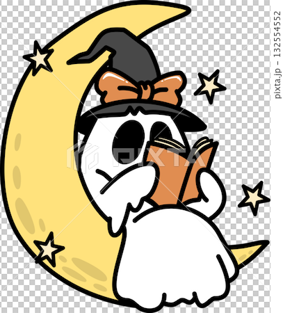 Retro Groovy Halloween Ghost Reading on the Moon Illustration Retro Groovy Halloween Ghost Reading on the Moon Illustration 132554552