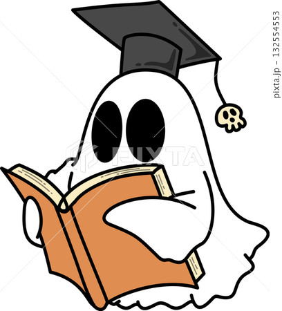 Retro Groovy Halloween Ghost Graduate Reading a Book Illustration 132554553