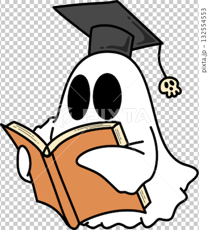 Retro Groovy Halloween Ghost Graduate Reading a Book Illustration 132554553