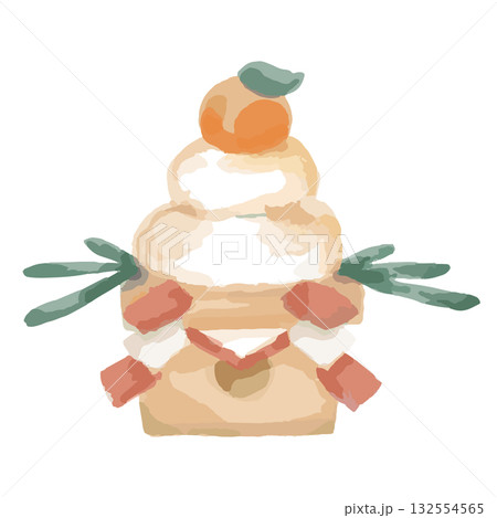 かわいい鏡餅の水彩イラスト／お正月／和風カット素材 132554565