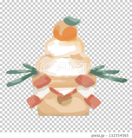 かわいい鏡餅の水彩イラスト／お正月／和風カット素材 132554565