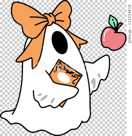 Cute Retro Groovy Cartoon Halloween Ghost with Bow and Apple Illustration 132554619