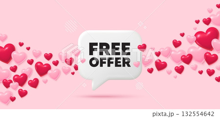 Free offer chat speech bubble. 3d hearts pink background. Free offer tag. Special offer sign. Sale promotion symbol. Valentines day greeting card. Flying hearts. Vector Free offer chat speech bubble. 3d hearts pink background. Free offer tag. Special offer sign. Sale promotion symbol. Valentines day greeting card. Flying hearts. Vector 132554642