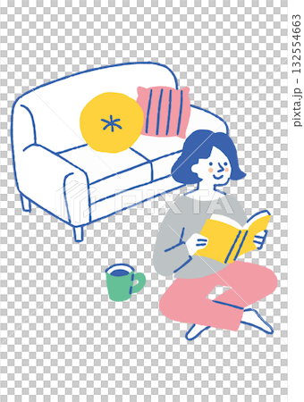 一位女士一邊喝咖啡一邊看書_彩色 132554663