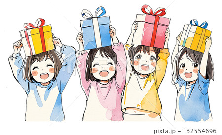 万歳！プレゼントに歓喜する、ポップで可愛い子どもたちのラインアート 132554696