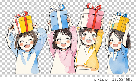 万歳！プレゼントに歓喜する、ポップで可愛い子どもたちのラインアート 132554696