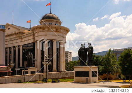Skopje cityscape with Archaeological Museum and Cyril and Methodius Monument 132554830
