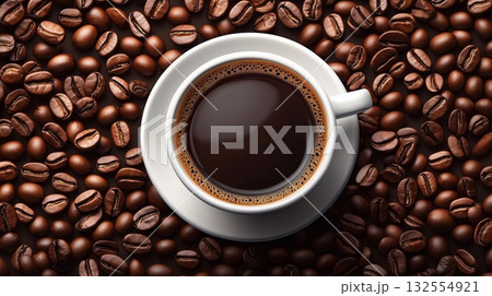 Coffee cup filled with dark brew sits atop a bed of roasted coffee beans, showcasing rich textures and inviting aroma, perfect for beverage and culinary themes Coffee cup filled with dark brew sits atop a bed of roasted coffee beans, showcasing rich textures and inviting aroma, perfect for beverage and culinary themes 132554921