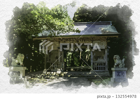 水彩画風　倭文神社 　随身門　鳥取県湯梨浜町 132554978