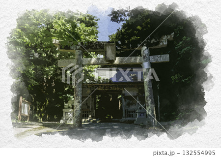 水彩画風　倭文神社 　鳥居　鳥取県湯梨浜町 132554995