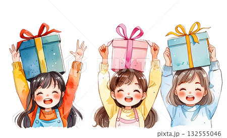 水彩風アニメタッチ:プレゼントを持って喜ぶ3人の女の子(笑顔、アップ) 水彩風アニメタッチ:プレゼントを持って喜ぶ3人の女の子(笑顔、アップ) 132555046