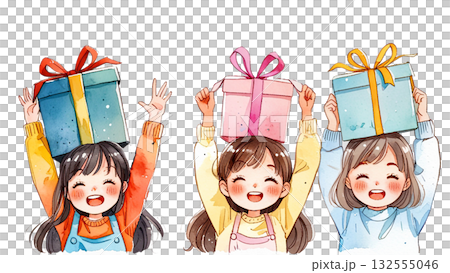 水彩風アニメタッチ:プレゼントを持って喜ぶ3人の女の子(笑顔、アップ) 水彩風アニメタッチ:プレゼントを持って喜ぶ3人の女の子(笑顔、アップ) 132555046