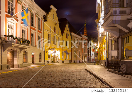 Colorful street in Old Town at night, Tallinn, Estonia 132555184
