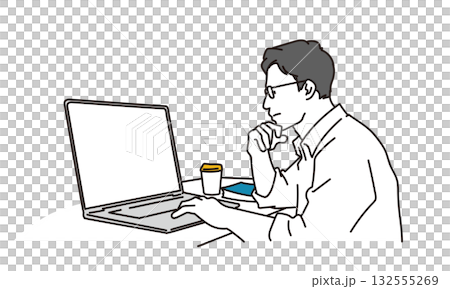 插畫素材:一個男人憂心忡忡地坐在電腦前。 插畫素材:一個男人憂心忡忡地坐在電腦前。 132555269