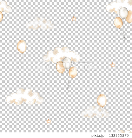 Seamless watercolor pattern with pastel balloons, fluffy clouds, gold stars on white. Good for nursery textile, baby bedding, children pajamas, wrapping paper, wall art, scrapbook, nursery bedding 132555879