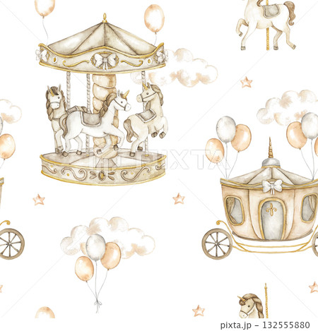Vintage watercolor seamless pattern with carousel horses and retro fairground details. Gentle nostalgic design perfect for baby fabrics, wallpapers, wrapping paper, and creative projects. Vintage watercolor seamless pattern with carousel horses and retro fairground details. Gentle nostalgic design perfect for baby fabrics, wallpapers, wrapping paper, and creative projects. 132555880