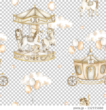 Vintage watercolor seamless pattern with carousel horses and retro fairground details. Gentle nostalgic design perfect for baby fabrics, wallpapers, wrapping paper, and creative projects. Vintage watercolor seamless pattern with carousel horses and retro fairground details. Gentle nostalgic design perfect for baby fabrics, wallpapers, wrapping paper, and creative projects. 132555880