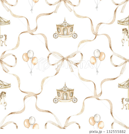 Vintage watercolor seamless pattern with carousel horses and retro fairground details. Gentle nostalgic design perfect for baby fabrics, wallpapers, wrapping paper, and creative projects. 132555882