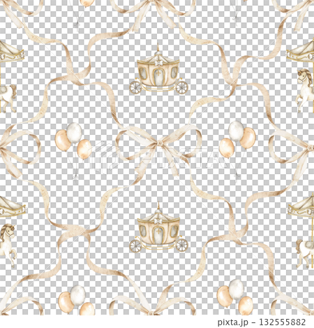 Vintage watercolor seamless pattern with carousel horses and retro fairground details. Gentle nostalgic design perfect for baby fabrics, wallpapers, wrapping paper, and creative projects. 132555882