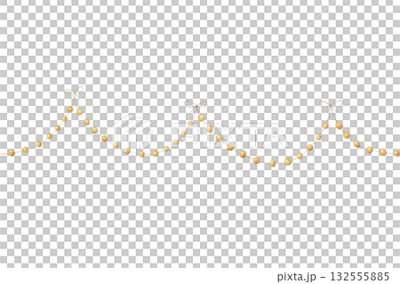 Watercolor illustration of a seamless border with beige beads arranged in a wavy horizontal pattern, finished with bows. Useful for planner, card making, baby shower, party decoration, child project 132555885