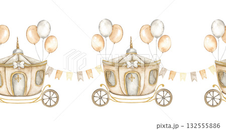 Watercolor illustration of a seamless border featuring vintage carriage, pastel balloons, and gold flags For nursery invitation, baby shower, party decor, greeting card, childrens celebration. Watercolor illustration of a seamless border featuring vintage carriage, pastel balloons, and gold flags For nursery invitation, baby shower, party decor, greeting card, childrens celebration. 132555886