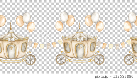 Watercolor illustration of a seamless border featuring vintage carriage, pastel balloons, and gold flags For nursery invitation, baby shower, party decor, greeting card, childrens celebration. Watercolor illustration of a seamless border featuring vintage carriage, pastel balloons, and gold flags For nursery invitation, baby shower, party decor, greeting card, childrens celebration. 132555886