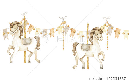 Watercolor illustration of a seamless border with yellow, orange, and beige flag pennants and wooden beads on a string. Great for baby shower, party invitation, celebration card, planner, digital use. 132555887