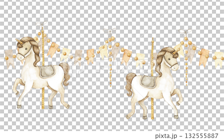 Watercolor illustration of a seamless border with yellow, orange, and beige flag pennants and wooden beads on a string. Great for baby shower, party invitation, celebration card, planner, digital use. 132555887