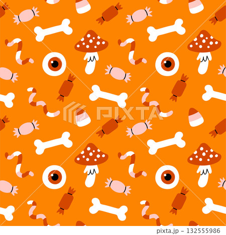 Simple hand drawn Halloween seamless pattern on orange background. Vector wallpaper illustration repeat design for fabric print, sticker, cover, wrapping. 132555986
