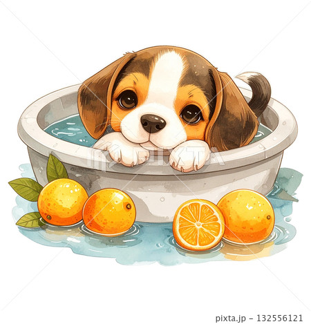 ゆず湯に入浴してリラックスするビーグルの子犬のかわいい水彩風2/チラシやポスター用素材イラスト ゆず湯に入浴してリラックスするビーグルの子犬のかわいい水彩風2/チラシやポスター用素材イラスト 132556121