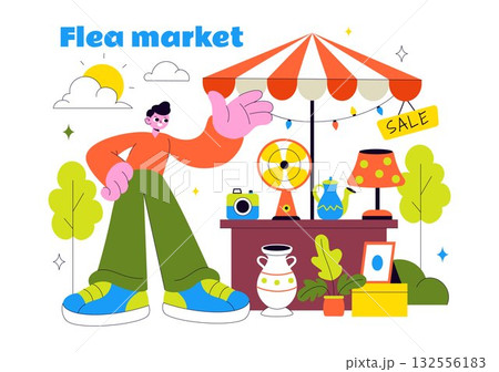 Flea Market Vector Illustration Featuring a Secondhand Shop with Shoppers, Swap Meets, Sellers, and Customers at a Weekend Market in the City Flea Market Vector Illustration Featuring a Secondhand Shop with Shoppers, Swap Meets, Sellers, and Customers at a Weekend Market in the City 132556183