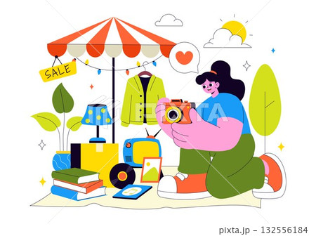 Flea Market Vector Illustration Featuring a Secondhand Shop with Shoppers, Swap Meets, Sellers, and Customers at a Weekend Market in the City 132556184