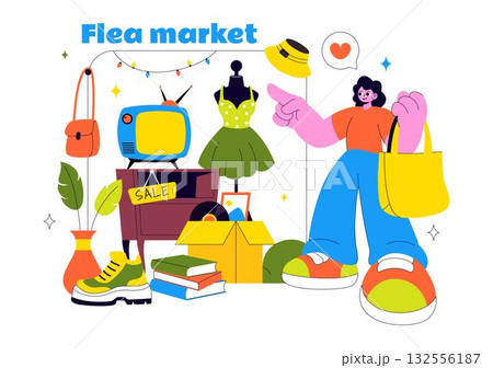 Flea Market Vector Illustration Featuring a Secondhand Shop with Shoppers, Swap Meets, Sellers, and Customers at a Weekend Market in the City 132556187