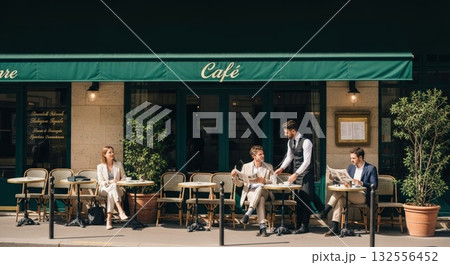 歩道目線で撮影した欧米の街角カフェ、会話やスマホを見てくつろぐ客 132556452