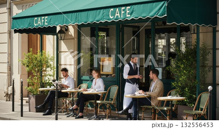 歩道目線で撮影した欧米の街角カフェ、会話やスマホを見てくつろぐ客 歩道目線で撮影した欧米の街角カフェ、会話やスマホを見てくつろぐ客 132556453