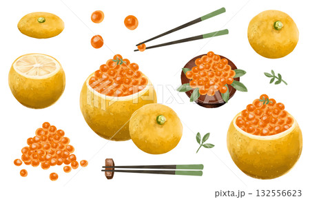 柚子釜いくら(おせち料理)のイラスト素材セット(水彩タッチ) 柚子釜いくら(おせち料理)のイラスト素材セット(水彩タッチ) 132556623