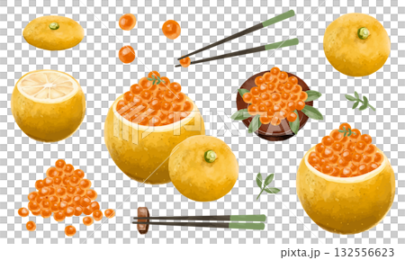 柚子釜いくら(おせち料理)のイラスト素材セット(水彩タッチ) 柚子釜いくら(おせち料理)のイラスト素材セット(水彩タッチ) 132556623