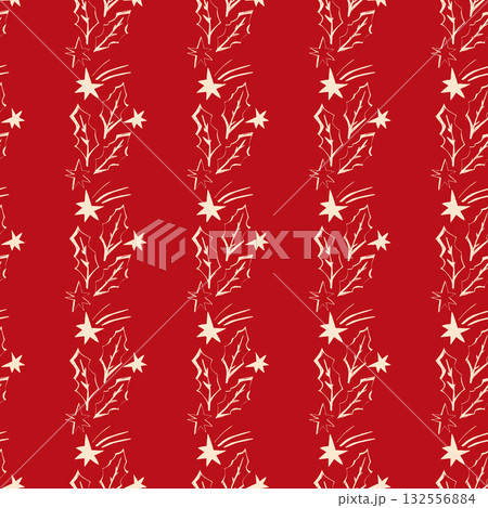 Seamless festive holly pattern with falling stars on red background perfect for Christmas wrapping textiles and cards Seamless festive holly pattern with falling stars on red background perfect for Christmas wrapping textiles and cards 132556884