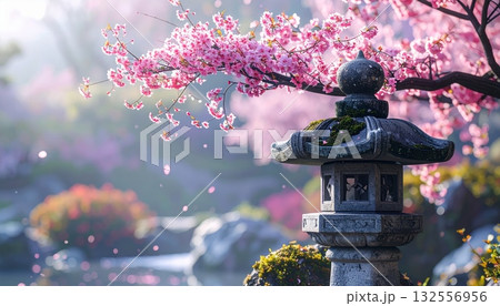 A traditional Japanese temple with a pagoda and stone lantern stands beside a fountain in a tranquil garden A traditional Japanese temple with a pagoda and stone lantern stands beside a fountain in a tranquil garden 132556956