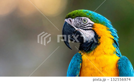 A bright blue and gold macaw with a powerful beak and bright yellow feathers is a colorful tropical bird. 132556974