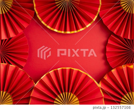 Seamless pattern with red and white Japanese paper umbrellas and floral decorations. 132557108