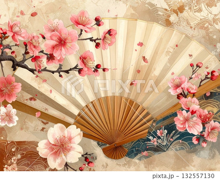 A traditional red Japanese folding fan opened with intricate paper patterns. 132557130