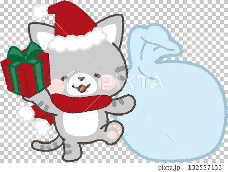 A frame of a tabby cat wearing a Santa hat and a bag holding a gift A frame of a tabby cat wearing a Santa hat and a bag holding a gift 132557133