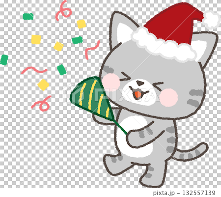 A tabby cat wearing a Santa hat popping a cracker 132557139