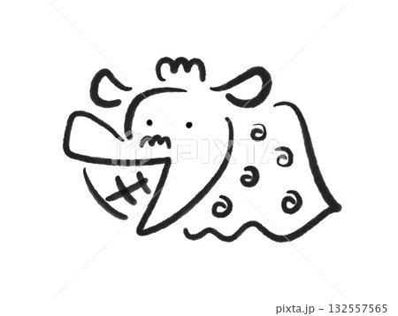 墨絵のかわいい笑顔の獅子舞　正月素材　手描き　モノクロ 132557565