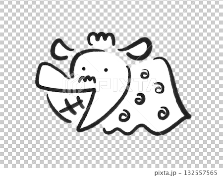 墨絵のかわいい笑顔の獅子舞　正月素材　手描き　モノクロ 132557565