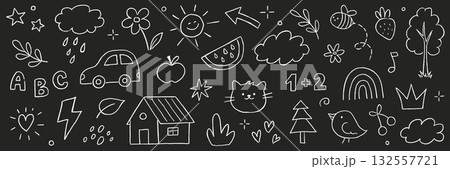 Kids outline hand drawn cute school on chalkboard. Crayon pencil stroke school doodle flower, sun, rainbow children elements. Kid style cute baby star, tree, heart shapes. Vector 132557721