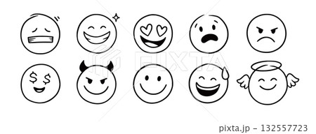 Face emoji icon set. Hand drawn doodle sketch style happy, angry, sad mood face emoticon background. Funny cartoon characters smile, wink, kiss emoji. Cute line emotion element. Vector Face emoji icon set. Hand drawn doodle sketch style happy, angry, sad mood face emoticon background. Funny cartoon characters smile, wink, kiss emoji. Cute line emotion element. Vector 132557723