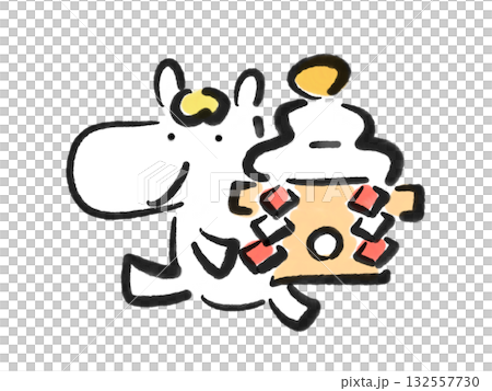 White horse holding a kagami mochi (rice cake) in ink painting. New Year's material. Hand-drawn. White horse holding a kagami mochi (rice cake) in ink painting. New Year's material. Hand-drawn. 132557730